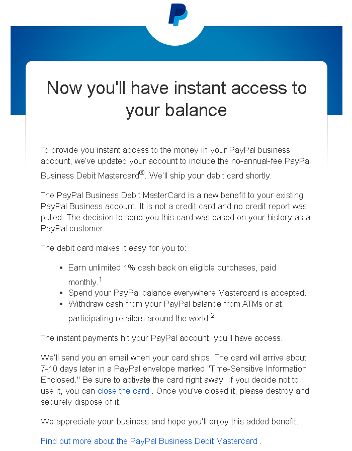 PayPal Business Debit Mastercard First Email
